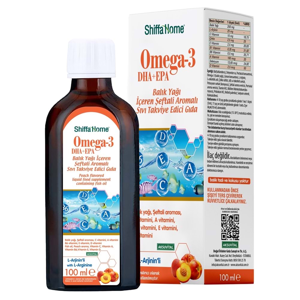 Shiffa Home Omega-3 EPA+DHA Balık Yağı Şeftali Aromalı Şurup 100 ML