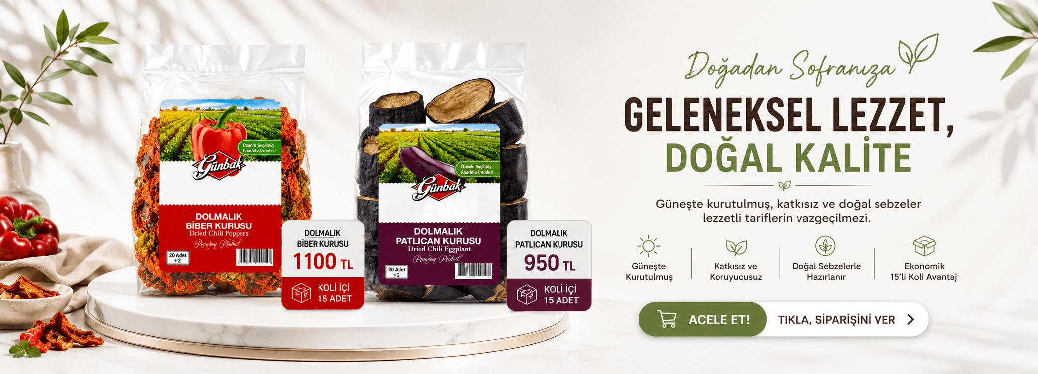Günbak dolmalık biber kurusu ve patlıcan kurusu 15’li koli avantajları Baharatevim’de