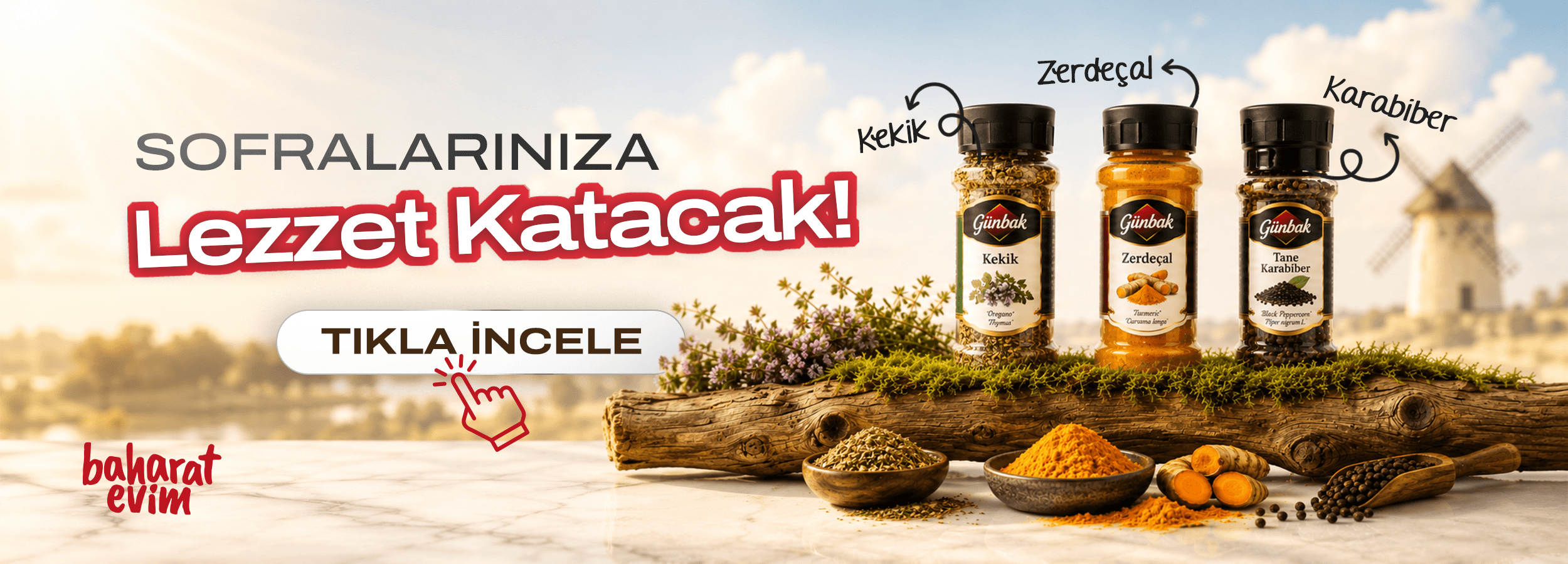 Günbak kekik, zerdeçal ve tane karabiber çeşitleriyle sofralarınıza lezzet katın. Şişe baharat çeşitlerini Baharatevim de keşfedin