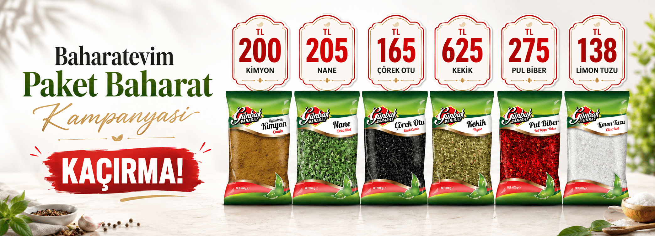 Baharatevim paket baharat kampanyası; Günbak kimyon, nane, çörek otu, kekik, pul biber ve limon tuzu fırsatları