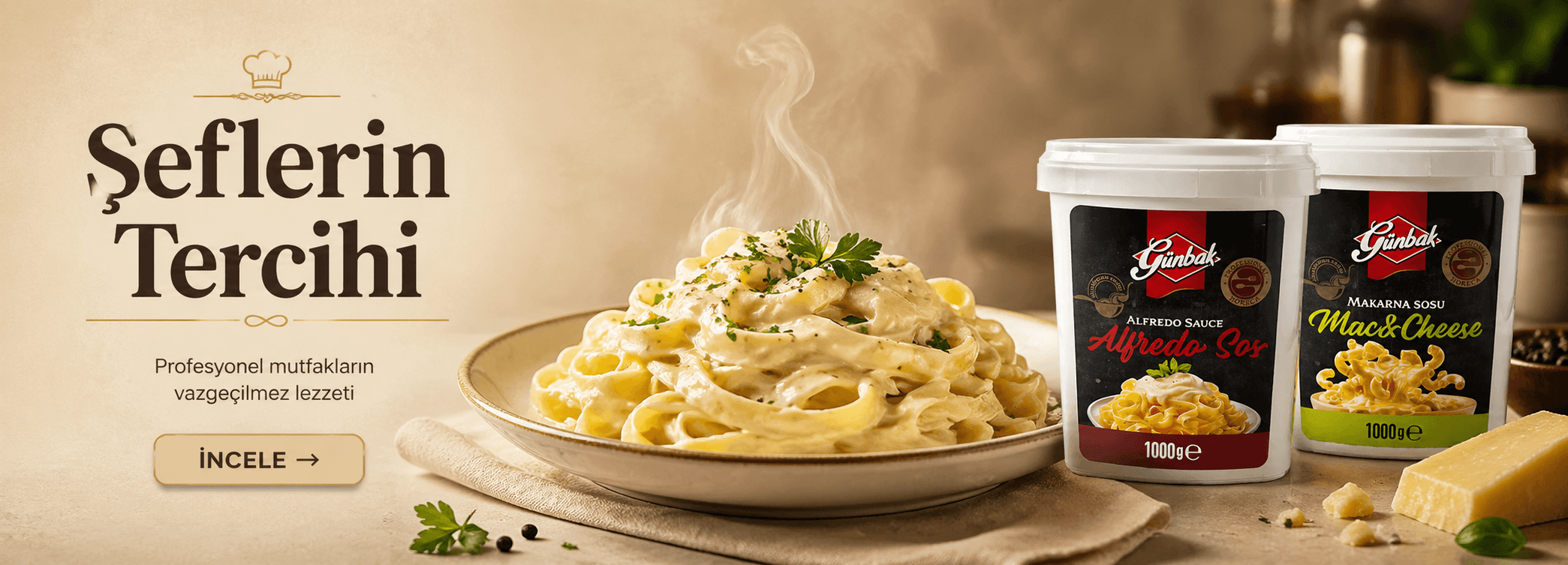 Günbak Alfredo Sos ve Mac Cheese makarna sosları ile hazırlanmış kremalı makarna görseli